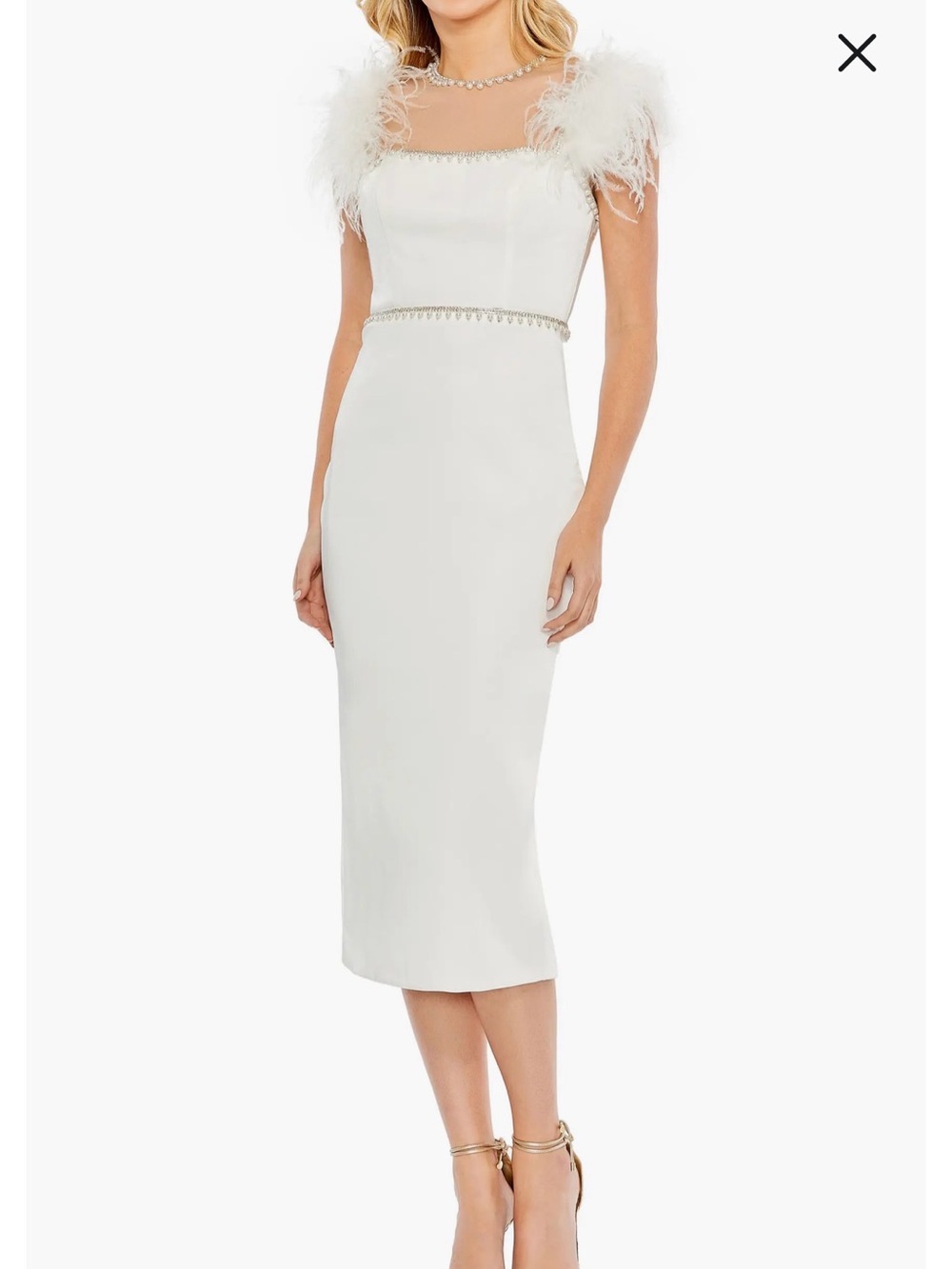 Mac Duggal White Feather-Trim Sheath Wedding Dress with Jewel Accents